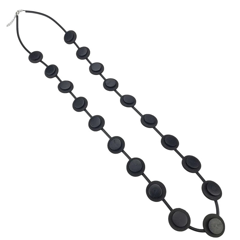 Recycled Rubber/Silicone Long Small Circle Necklace with Wood Disks Black/Black