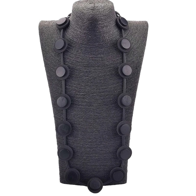 Recycled Rubber/Silicone Long Small Circle Necklace with Wood Disks Black/Black