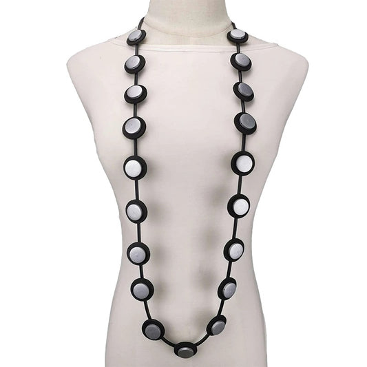 Recycled Rubber/Silicone Long Small Circle Necklace with Wood Disks Black/Silver