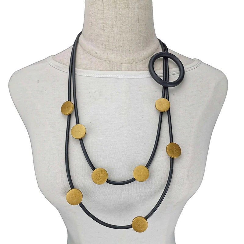 Recycled Rubber/Silicone Long Necklace Circle Décor with Wood Accents Multi Strands. Gold/Black