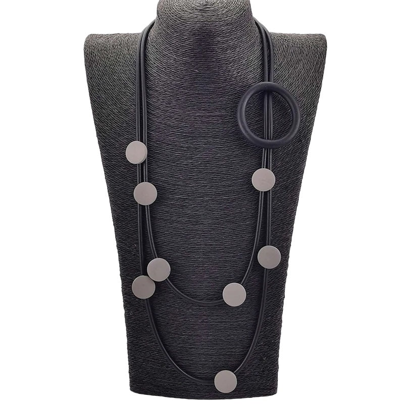 Recycled Rubber/Silicone Long Necklace Circle Décor with Wood Accents Multi Strands. Grey/Black
