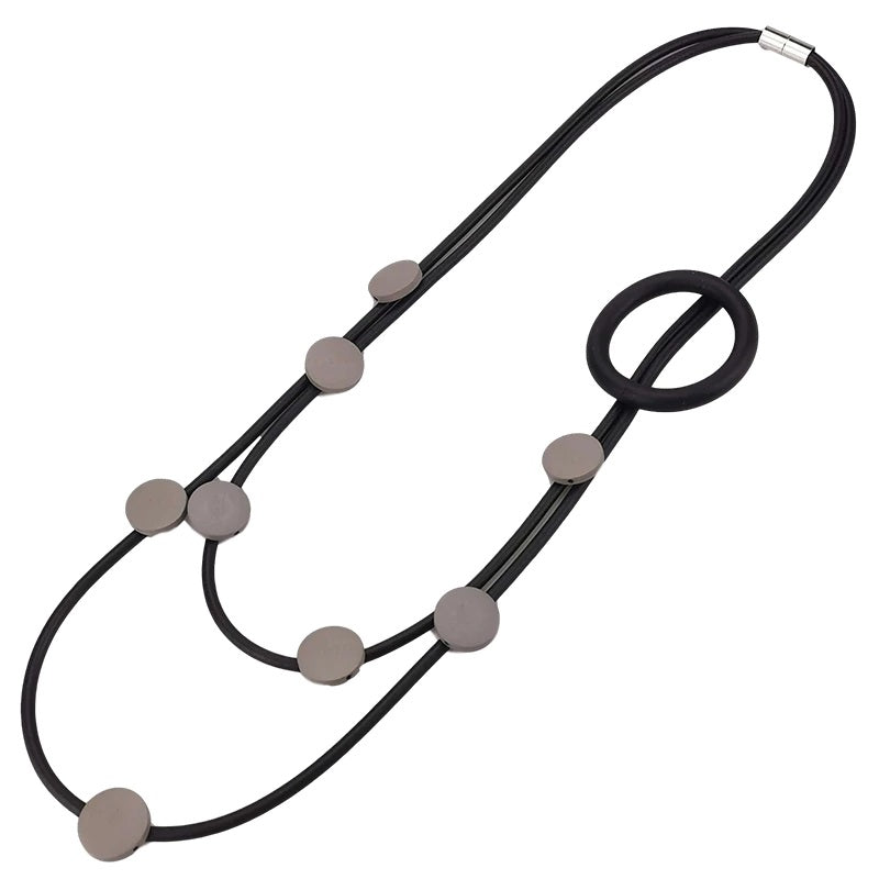Recycled Rubber/Silicone Long Necklace Circle Décor with Wood Accents Multi Strands. Grey/Black