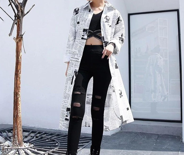 Long White & Black News Print Oversized Button Down Shirt