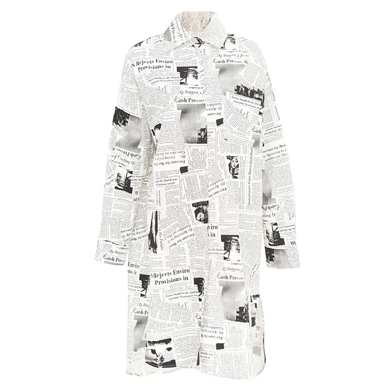 Long White & Black News Print Oversized  Button Down Shirt