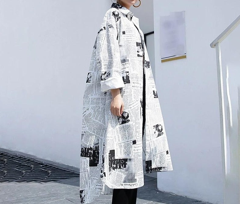 Long White & Black News Print Oversized Button Down Shirt