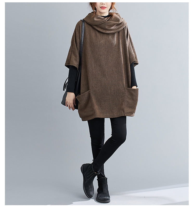 Turtleneck Sweater Knit Tunic Casual Style 3/4 Batwing Sleeve Oversized Brown