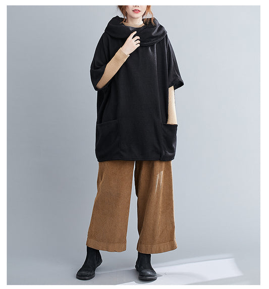Turtleneck Sweater Knit Tunic Casual Style 3/4 Batwing Sleeve Oversized Black