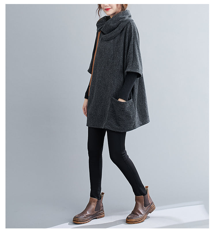 Turtleneck Sweater Knit Tunic Casual Style 3/4 Batwing Sleeve Oversized Charcoal