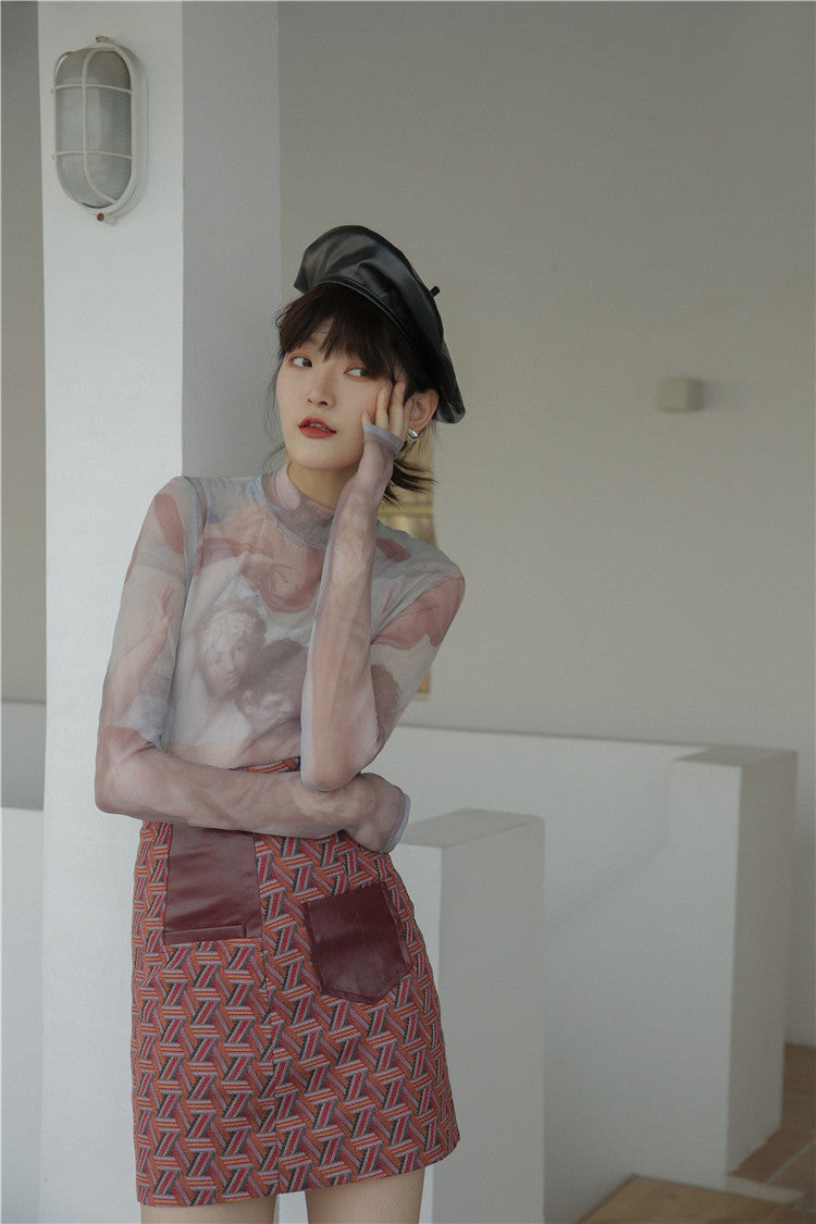 Pastel mesh turtleneck long sleeve top o/s Old Masters
