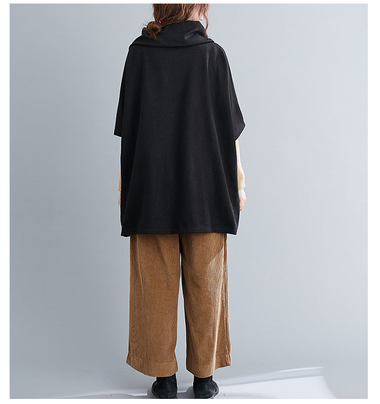 Turtleneck Sweater Knit Tunic Casual Style 3/4 Batwing Sleeve Oversized Black
