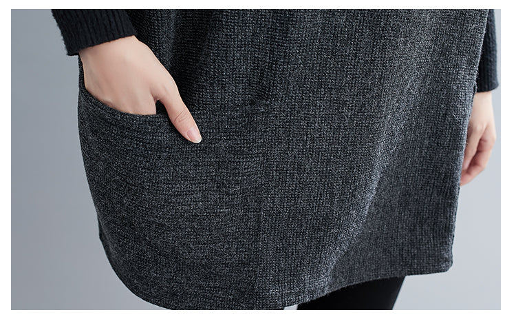Turtleneck Sweater Knit Tunic Casual Style 3/4 Batwing Sleeve Oversized Charcoal