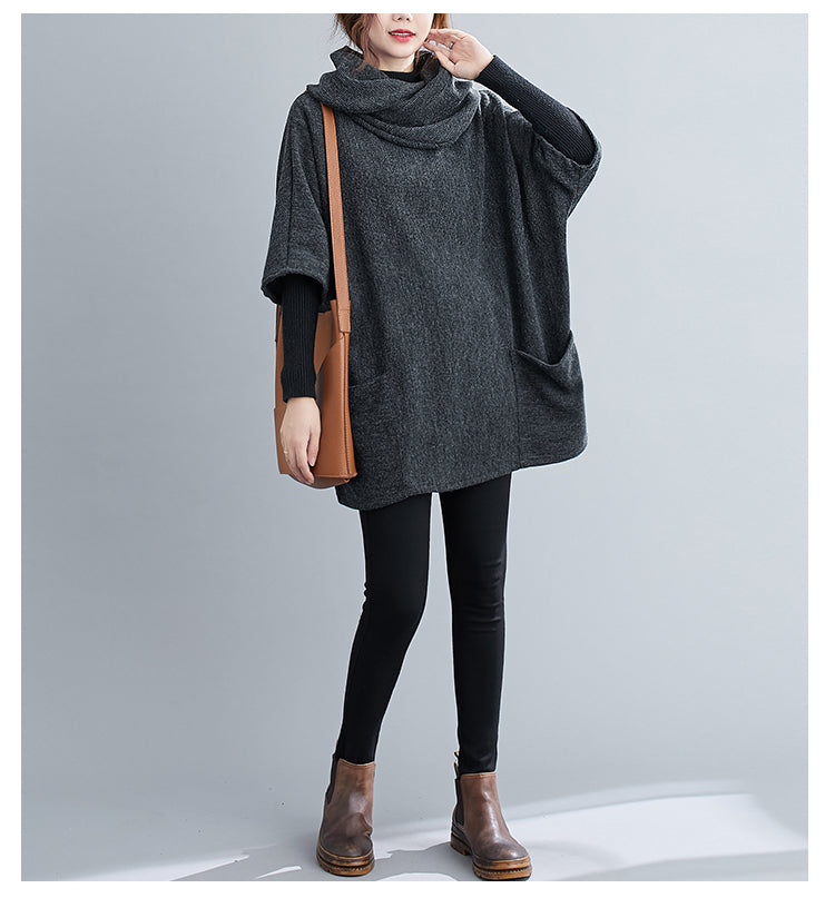 Turtleneck Sweater Knit Tunic Casual Style 3/4 Batwing Sleeve Oversized Charcoal