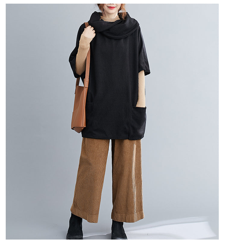 Turtleneck Sweater Knit Tunic Casual Style 3/4 Batwing Sleeve Oversized Black