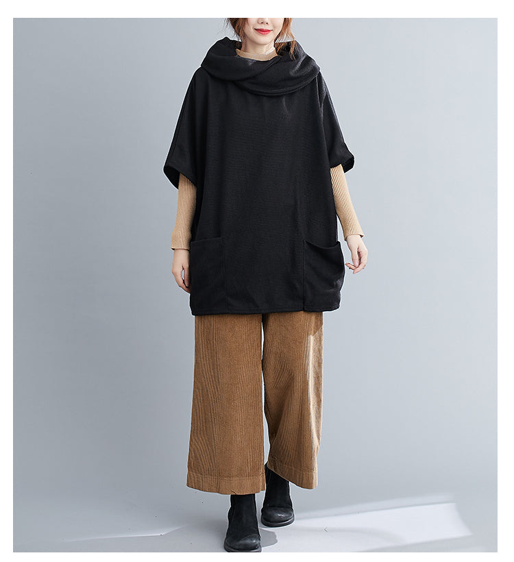 Turtleneck Sweater Knit Tunic Casual Style 3/4 Batwing Sleeve Oversized Black