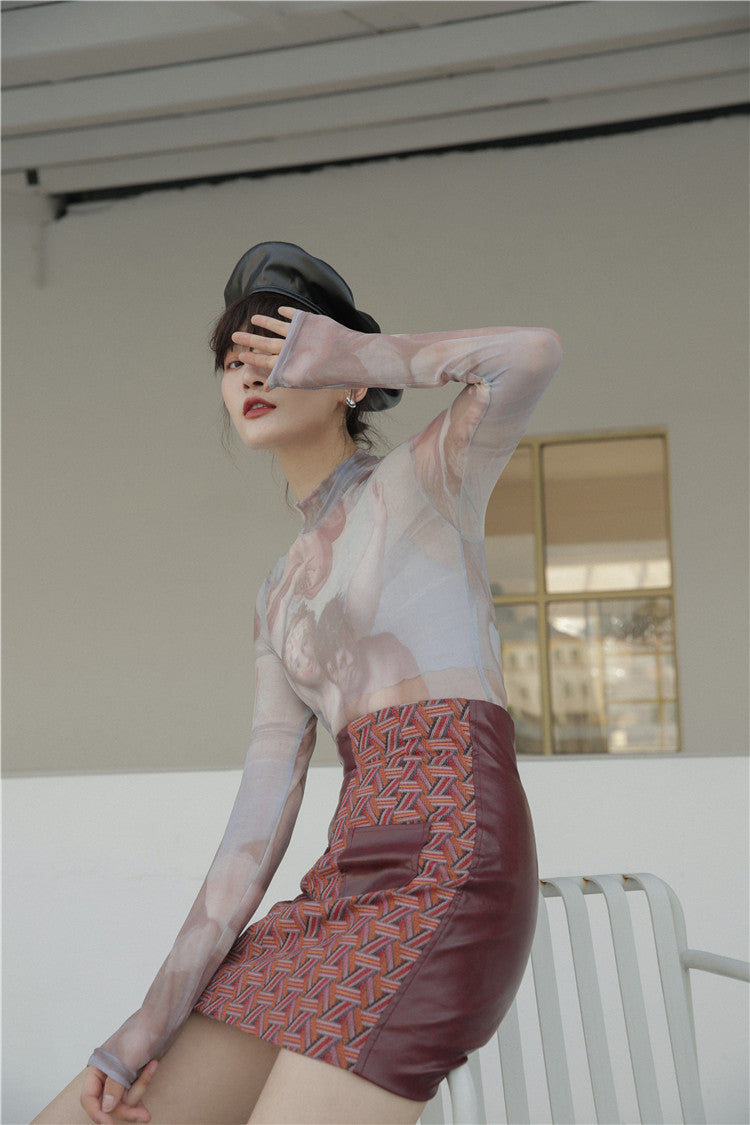 Pastel mesh turtleneck long sleeve top o/s Old Masters