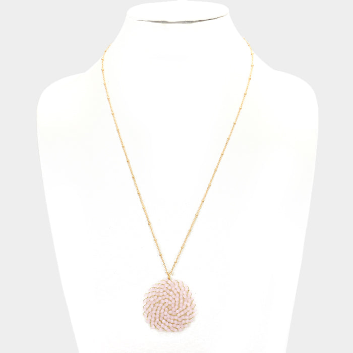 Glass Woven Bead Blossom Pendant Long Necklace Pale Pink