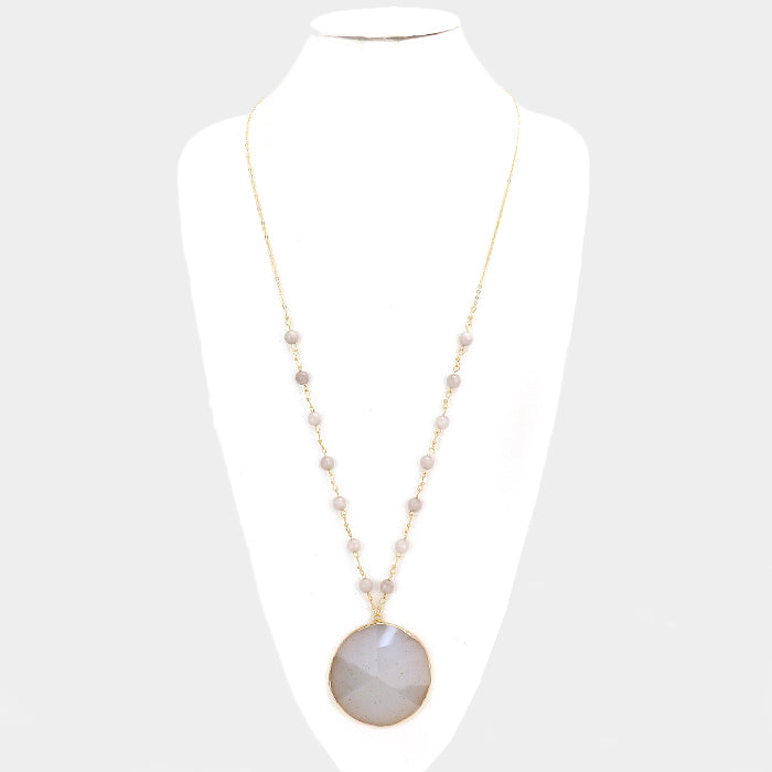 Semi Precious Stone Round Pendant Beaded Long Necklace