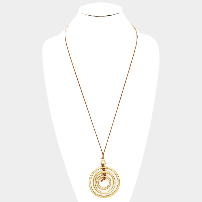 Cord Layered Triple Metal Hoop Pendant Long Necklace Gold