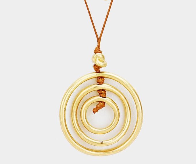 Cord Layered Triple Metal Hoop Pendant Long Necklace Gold