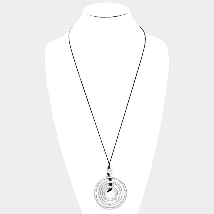 Cord Layered Triple Metal Hoop Pendant Long Necklace Silver