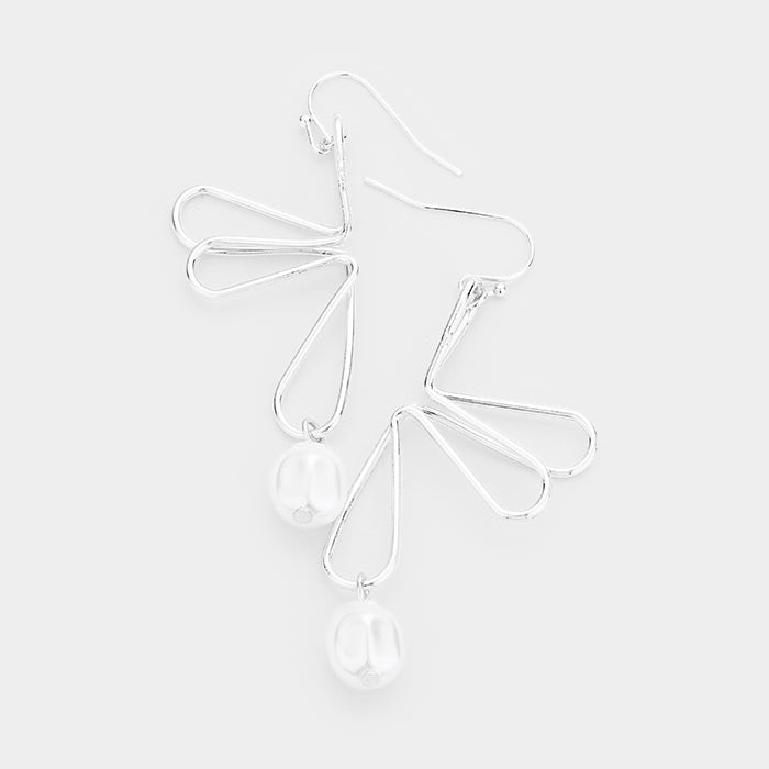 Pearl Faux Curved Wire Metal Dangle Earrings Silver Tone