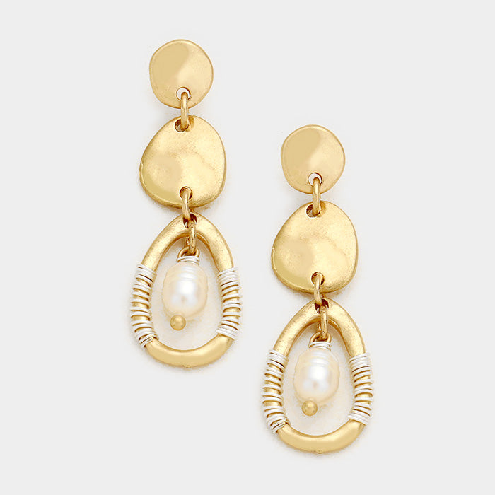 Wire Wrapped Hammered Metal Pearl Dangle Earrings