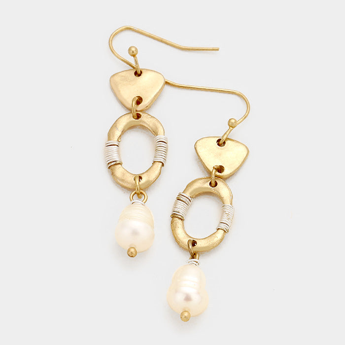 Wire Wrapped Hammered Metal Pearl Dangle Earrings