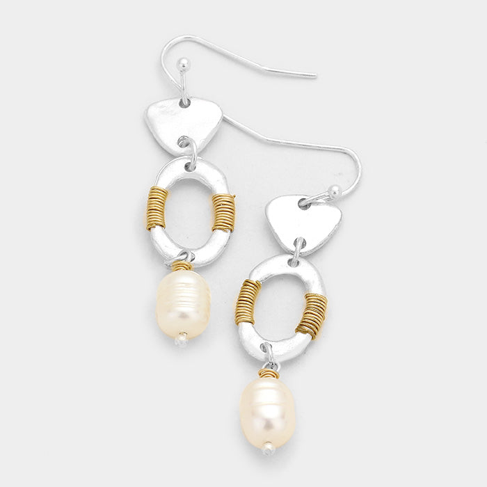 Wire Wrapped Hammered Metal Pearl Dangle Earrings Silver Tone Pearl