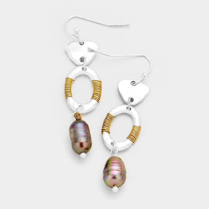 Wire Wrapped Hammered Metal Pearl Dangle Earrings Silver Tone Blk Pearl