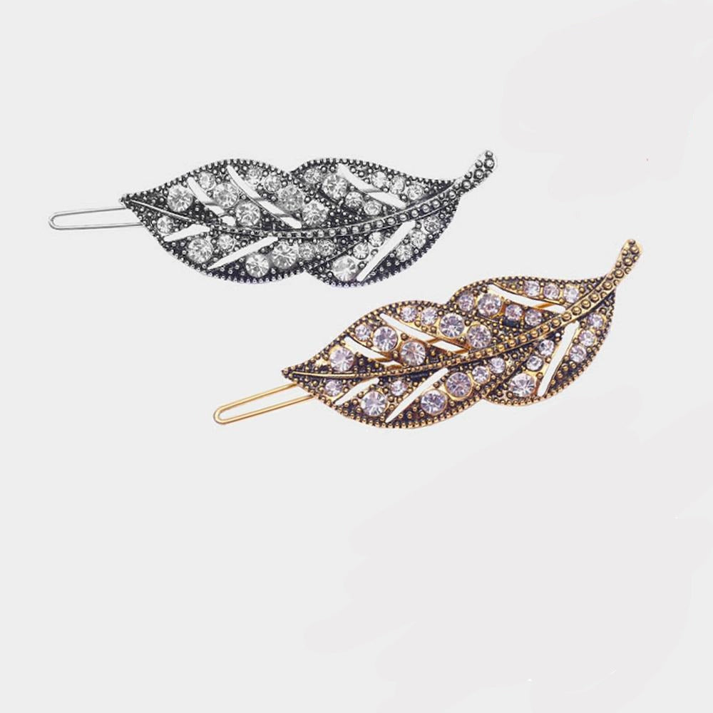 Rhinestone Metal Leaf Barrette Two Finishes