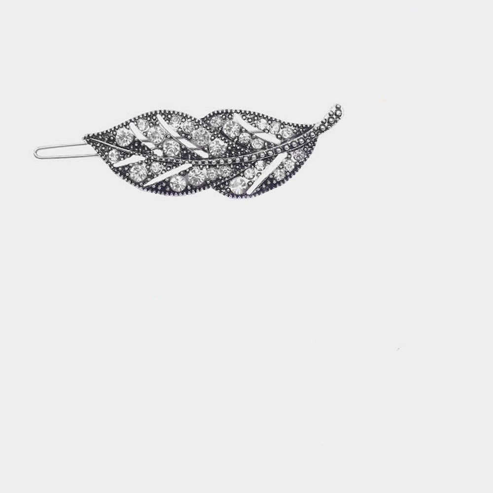 Rhinestone Metal Leaf Barrette Two Finishes