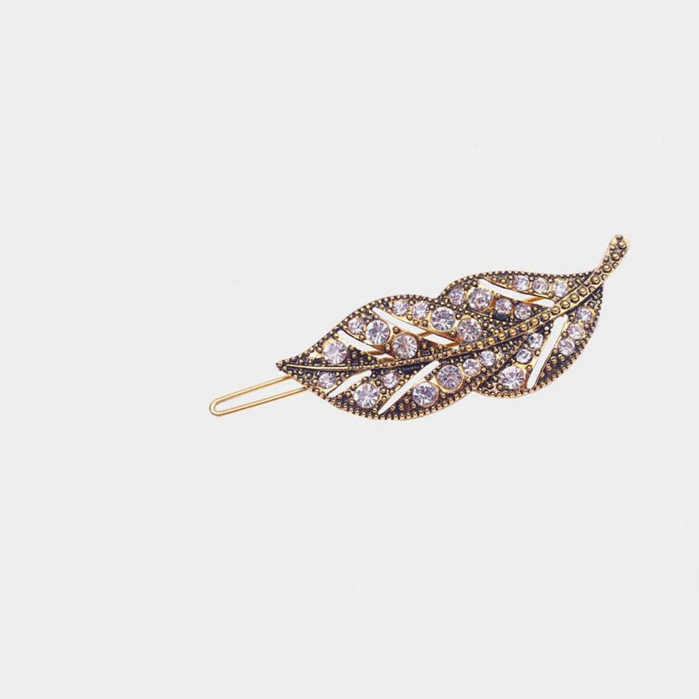 Rhinestone Metal Leaf Barrette Two Finishes