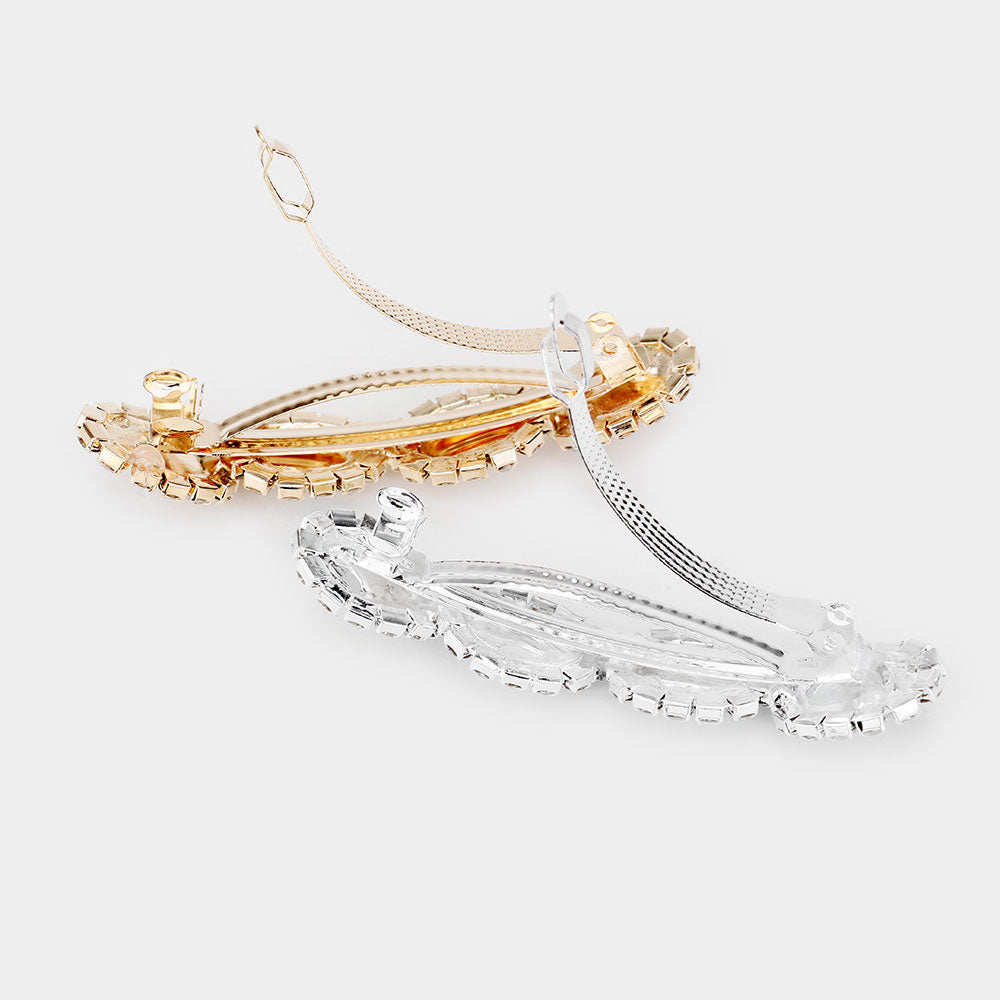 Oval Pearl Detail Rhinestone Trim Hair Barrette Silver or Gold