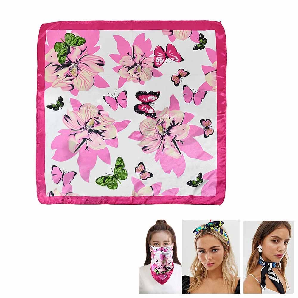 Butterfly Flower Print Scarf Satin 19x19 Square 5 colors
