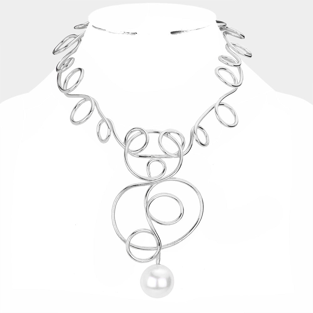Pearl Accented Twisted Metal Necklace Silver