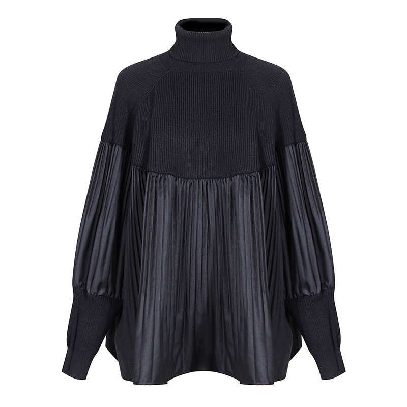Pleated Swing Split Knit Turtleneck Collar Sweater Black