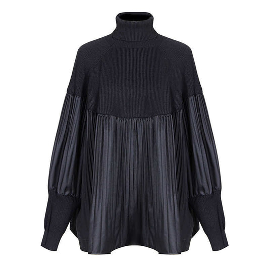 Pleated Swing Split Knit Turtleneck Collar Sweater Black