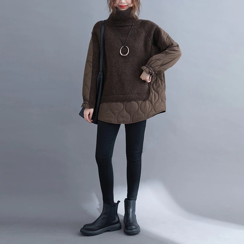 Turtleneck Sweater/Patchwork Quilted Nylon Puffer Accent Causal Oversized Brown