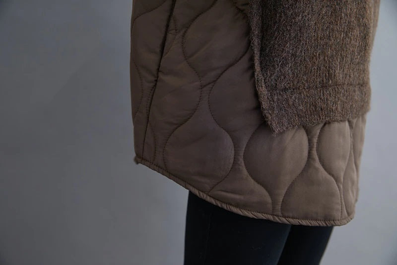 Turtleneck Sweater/Patchwork Quilted Nylon Puffer Accent Causal Oversized Brown