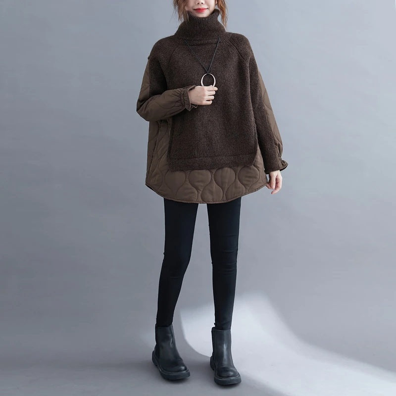 Turtleneck Sweater/Patchwork Quilted Nylon Puffer Accent Causal Oversized Brown