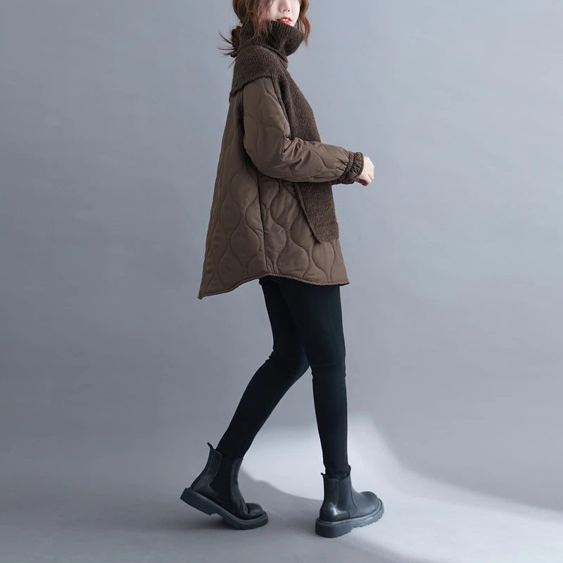Turtleneck Sweater/Patchwork Quilted Nylon Puffer Accent Causal Oversized Brown