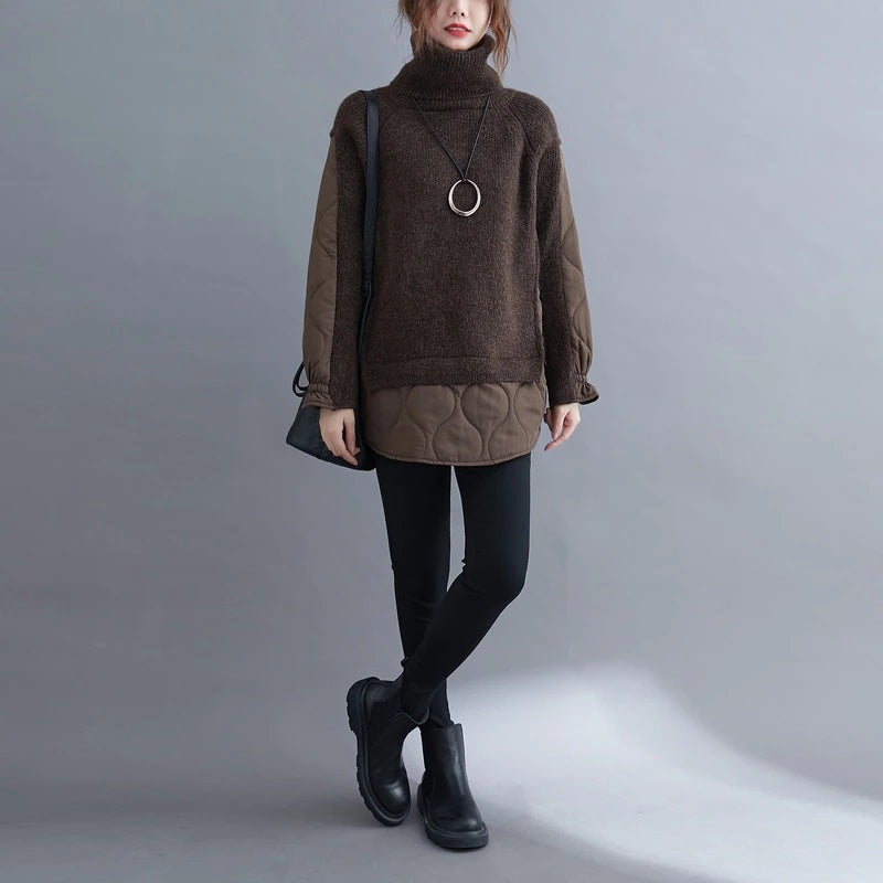 Turtleneck Sweater/Patchwork Quilted Nylon Puffer Accent Causal Oversized Brown