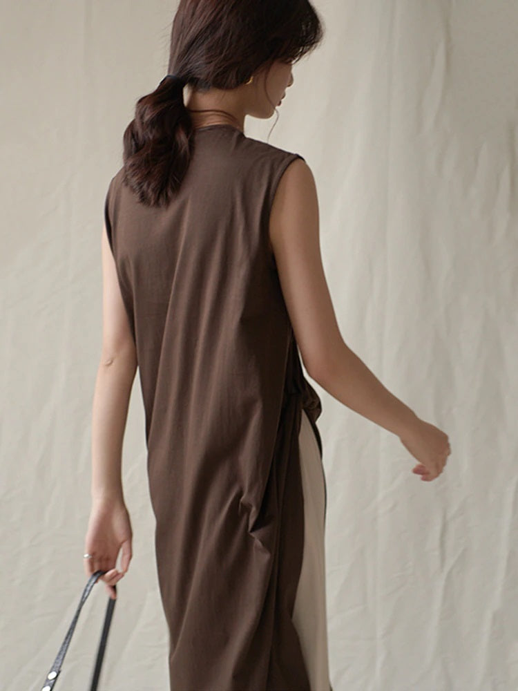 Sleeveless Long Crew Neck Tee w/ Side Slit and Knot Detail in Coffee