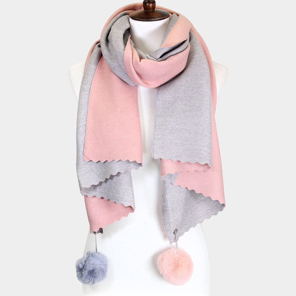 Fall/Winter Reversible Soft Scarf With Pom-Pom Accents Pink