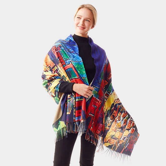 COLORFUL HOUSES PAINTING PRINTED SCARF