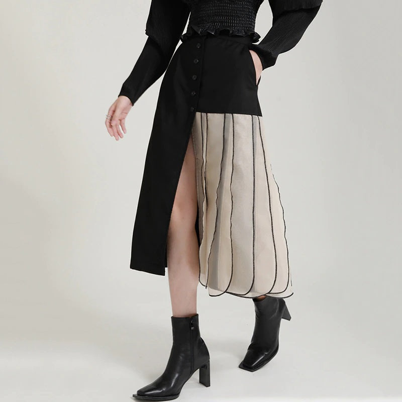 High Waist Skirt with Dual Body Half Black A-line & half Chiffon Pleated in Black