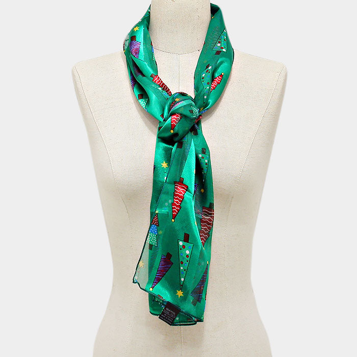 Holiday Satin Striped Christmas Tree Print Scarf Green Rectangle