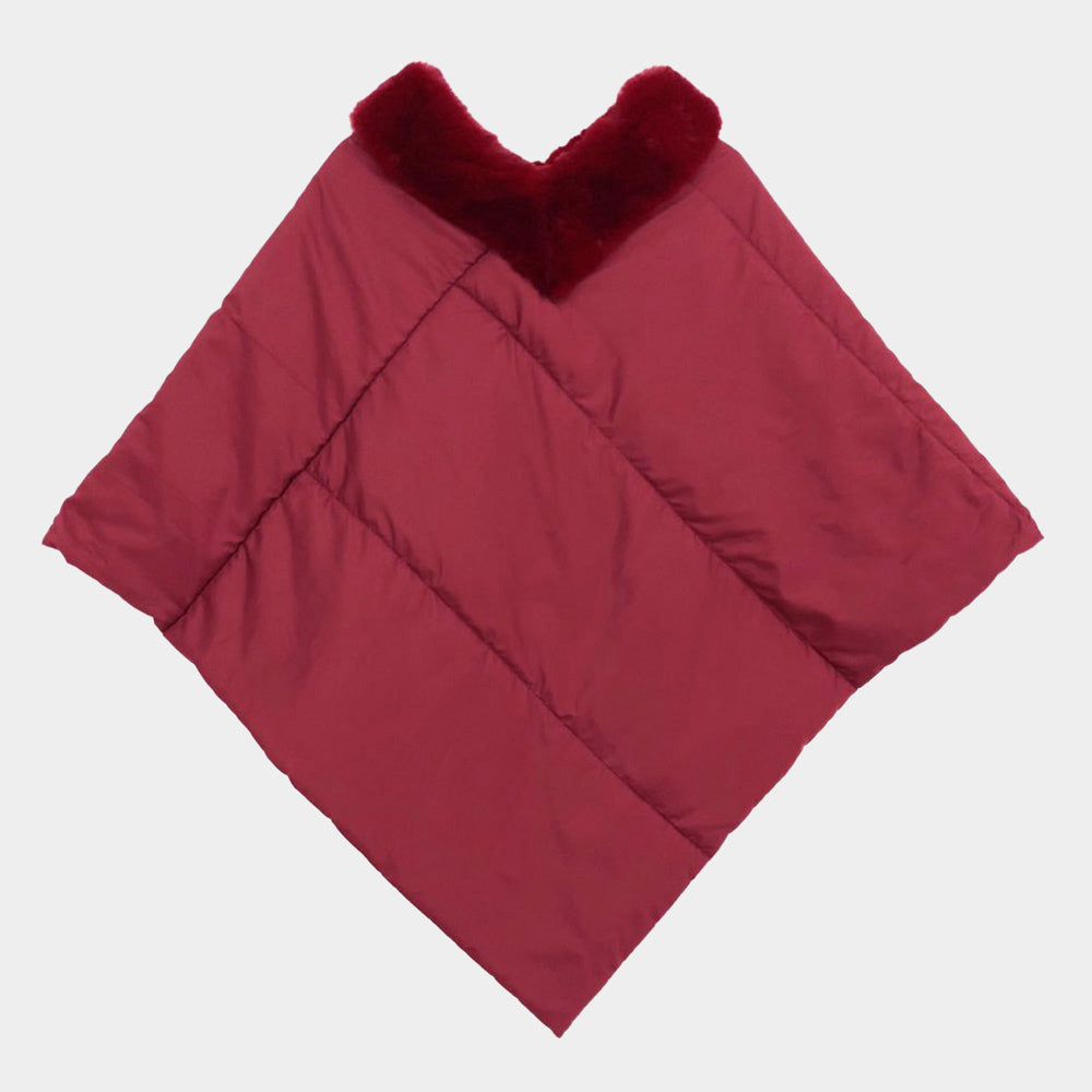 Puffer Poncho Faux Fur Trimmed Burgundy