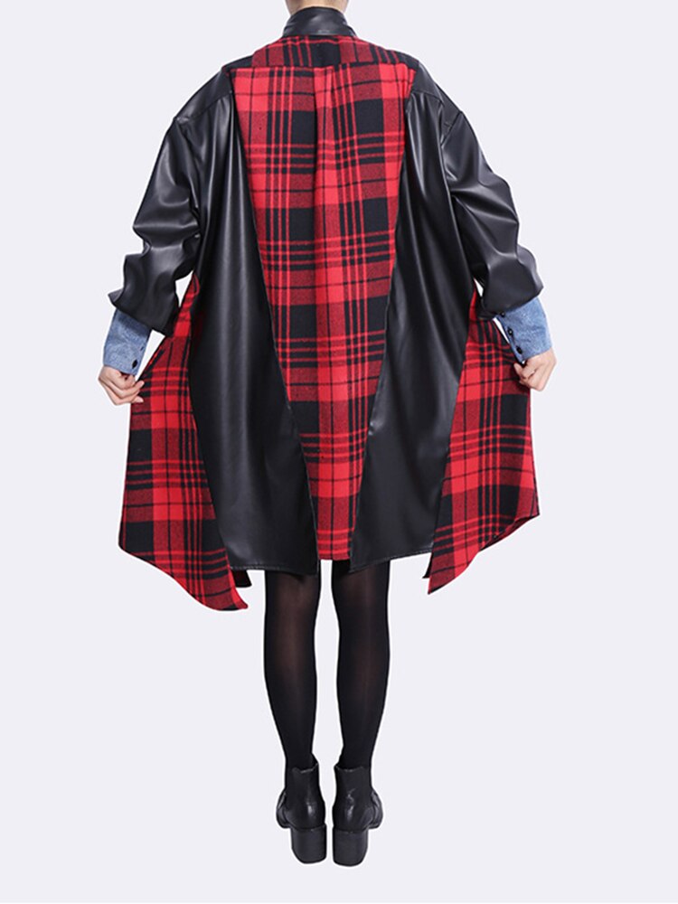 Plaid Leather Long Sleeve Shirt Dress with A-line Fit in Red