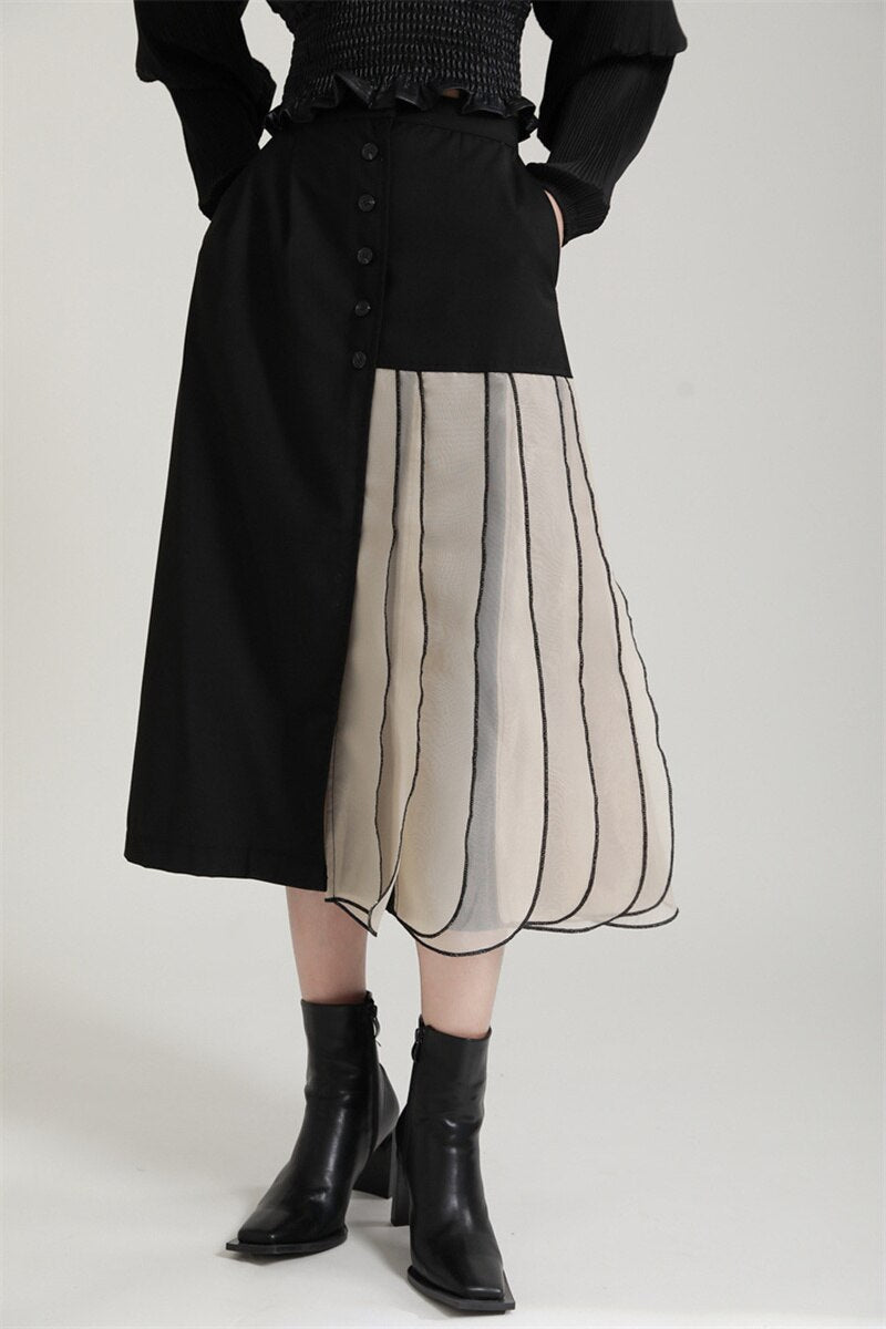 High Waist Skirt with Dual Body Half Black A-line & half Chiffon Pleated in Black